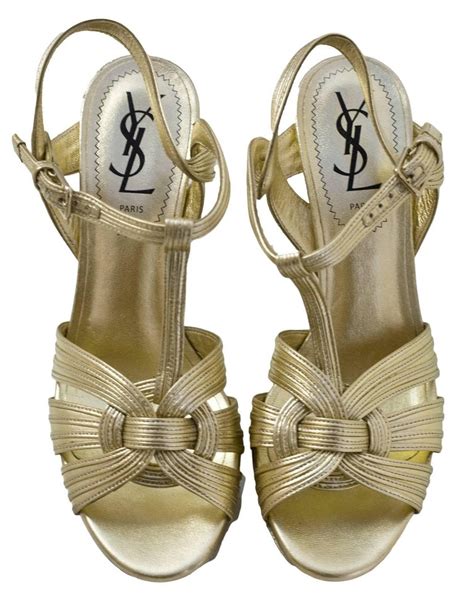 ysl tribute 75 gold|Tribute sandals in metallic leather .